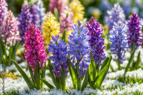 Flowerbed with bright flowers  with purple  blue  yellow and pink hyacinths in the snow