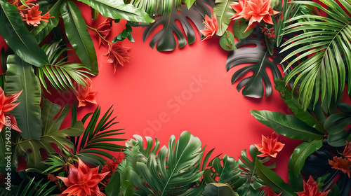 Tropical foliage and flowers frame a bold red background  creating an exotic mood. Copy space in the centre.