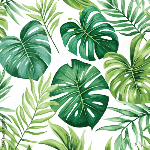 Watercolor seamless pattern with tropical leaves palnts