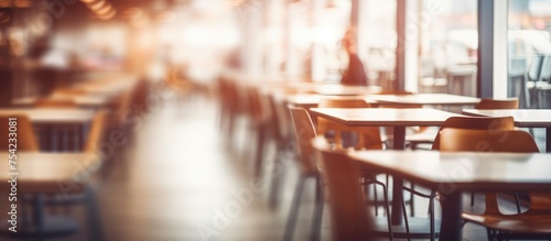 A blurred view inside a bustling restaurant, showcasing tables and chairs scattered around the space. The image captures the essence of a busy dining area with customers and staff moving around. photo