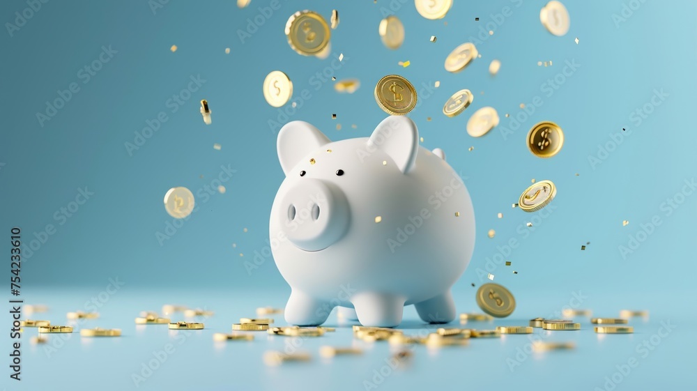 Piggy Bank Savings Concept with Golden Coins Falling in a Prosperous Financial Setting Piggy Bank Savings Concept with Golden Coins Falling in a Prosperous Financial Setting