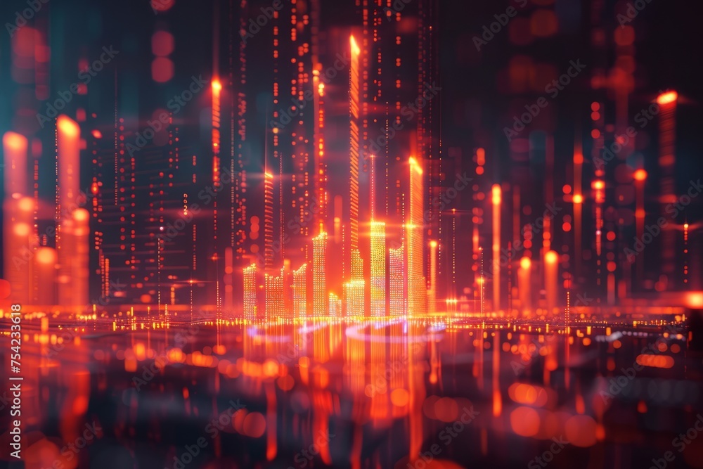 3D digital graphs on the background of modern city downtown. Global economy growth, financial and banking data analysis, advanced technologies, business strategy and digital marketing.