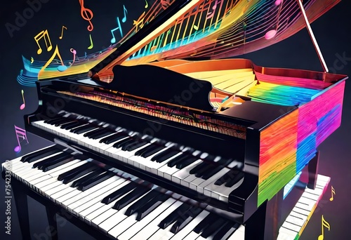piano keyboard and music notes, colorful illustration, 