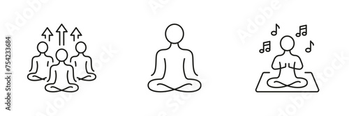 Meditate And Relax Line Icon Set. Wellness Symbol. Group Spiritual Exercise And Meditation. Yoga Poses Linear Pictogram. Calm, Balance, Serenity. Editable Stroke. Isolated Vector Illustration
