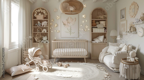 Gender neutral baby nursery room and decor over beige background. baby shower or birth announcement cards or wallpapers, with neutral theme , 