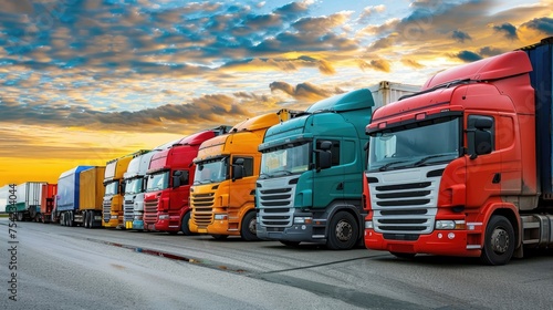 Lineup of colorful freight trucks on highway
