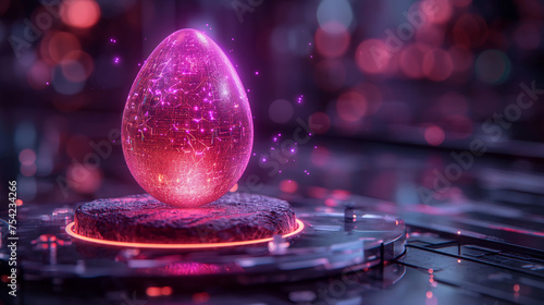 The egg in a digital neon circle. digital technology and eco friendly technology concept. future technology growing concepts. Digital animal husbandry and animal breeding concept.