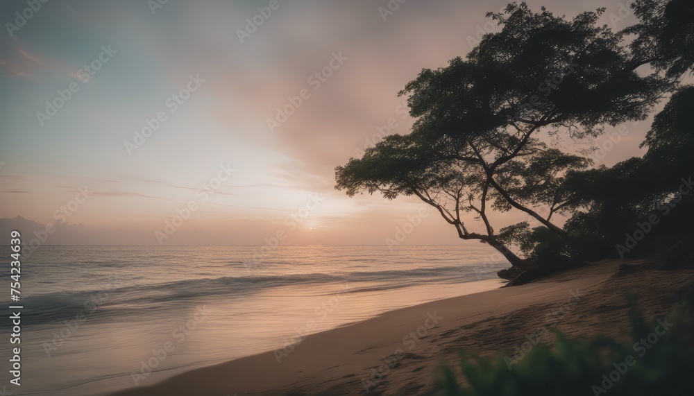 Fototapeta premium photo mesmerizing view of the calm ocean and the trees in the shore during sunset in indonesia