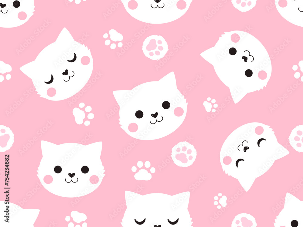 Seamless pattern with cat and paw print on pink background vector. Seamless pattern with cat and paw print on pink background vector.