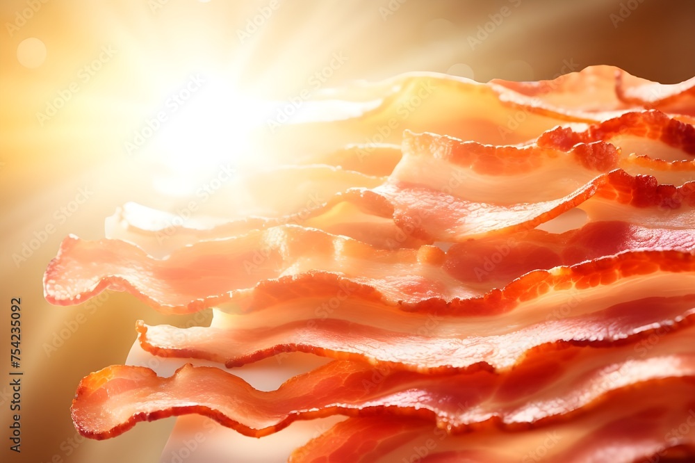 Crispy slices of baked bacon on a dark background, Crispy juicy slices of bacon close up Generative AI

