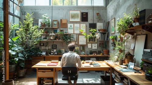 An individual focuses on work in a home office that's a green sanctuary, with abundant plant life creating a calming work environment. 