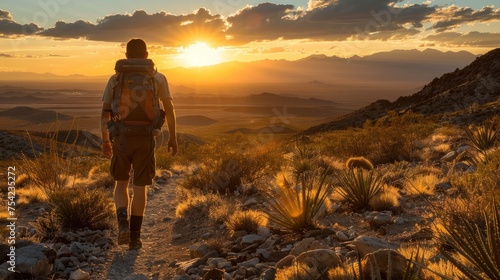 Backpacker hiking a desert trail with spectacular sunset views over mountainous landscape, capturing the essence of adventure travel. © banthita166