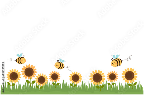 Sunflower field, green grass and flying bee cartoons isolated on white background vector.