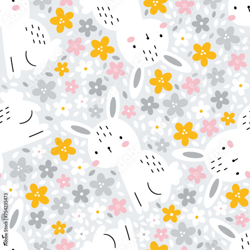 Seamless children's doodle pattern with hares, rabbits. Digital paper