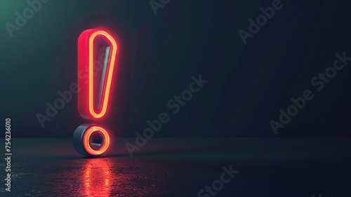 Striking neon exclamation point illuminating a dark background with vibrant glow photo