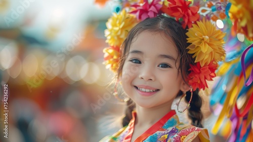 asian people concept, portrait of young girl participates in a colorful cultural festival, wearing vibrant traditional attire