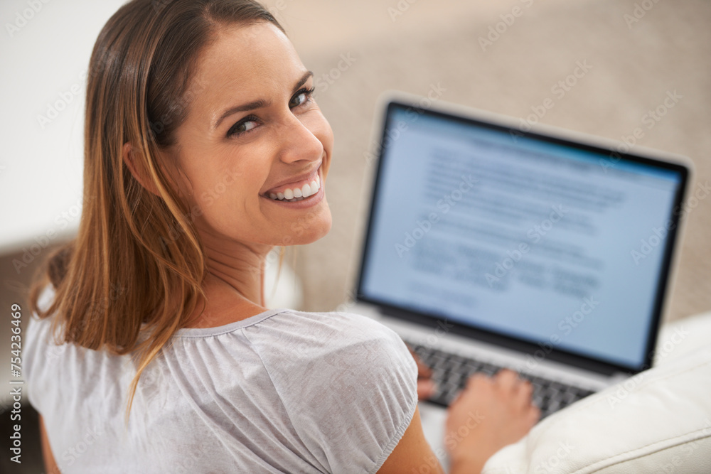 Portrait, woman or laptop on sofa as writing, blog or email on internet, news or social network. Smile, female person or computer as reading, online communication or ebook as digital download Portrait, woman or laptop on sofa as writing, blog or email on internet, news or social network. Smile, female person or computer as reading, online communication or ebook as digital download