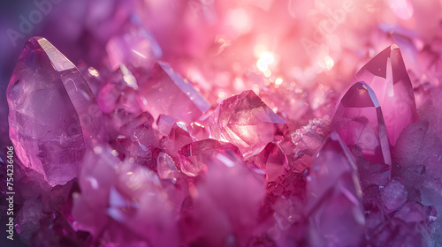 Background with pink crystals. Pink glass crystals with reflections of light. Abstract background with bokeh effect. AI generative