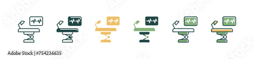 medical surgery table icon set operation bed with heart pulse wave sign vector illustration