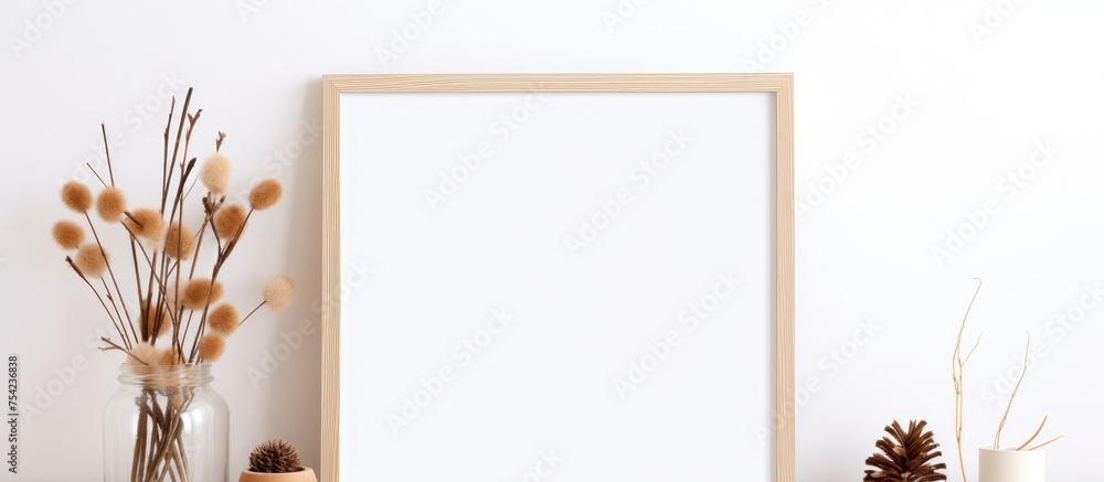 A wooden frame is positioned on top of a shelf next to a vase filled ...