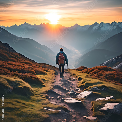 A man hiking on a mountain path at sunset  enjoying the breathtaking view of nature s beauty.