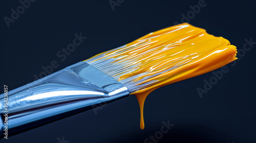 Close up to a brush with yellow paint