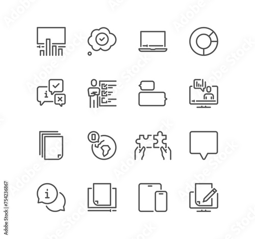 Set of business people meeting related icons, business communication, team structure, one on one meeting, presentation and linear variety vectors.