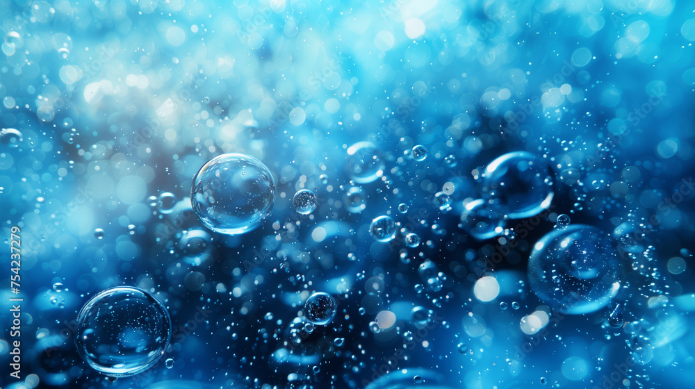 Bubbles underwater with bokeh effect. Background in blue. AI generative