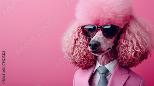 Cool looking pink dog wearing elegant suit with scarf and sunglasses. Stylish animal posing. Wide banner with copy space for text at side. Pink background. © Martinesku