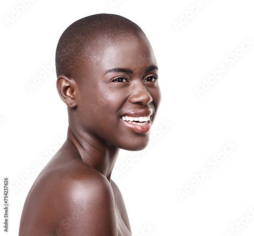 Smile, natural and closeup of black woman for skin care, beauty and cosmetics isolated on white background. Female person, mockup space and African lady in studio for makeup, cleansing and treatment