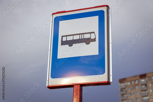 Bus stop sign in Goclaw area, subdistrict of Praga-Poludnie, Warsaw city, Poland