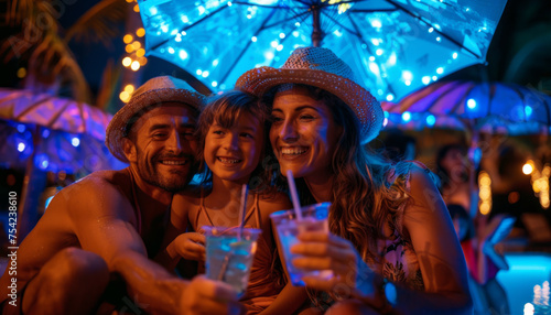 A family with children relax in a nightclub on vacation on the sea beach.