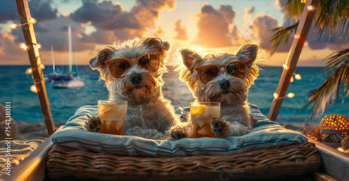 two dogs with drinks relax on a wet beach on vacation. photo