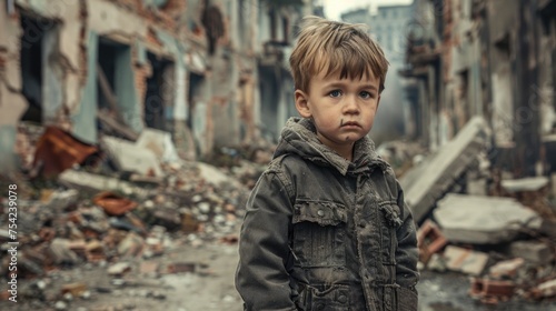 Little boy against the backdrop of war-torn buildings. Conflict. AI generative.