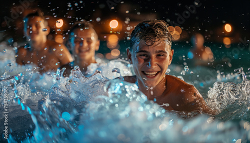 teenage friends swim in the sea and smile, relax on a wet beach on vacation.