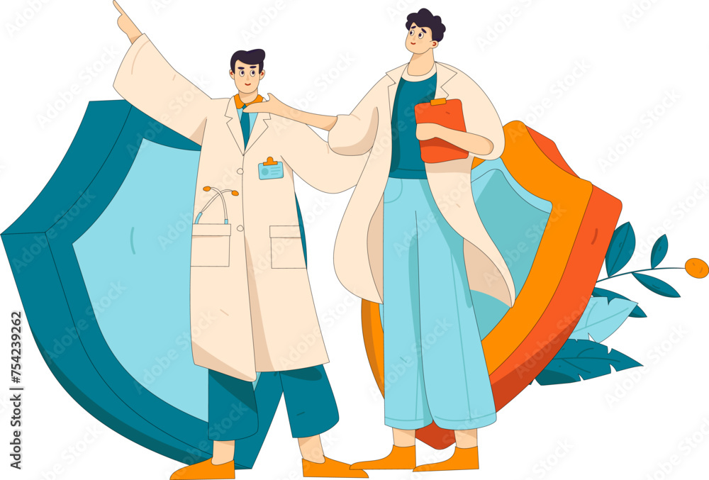 Fototapeta premium Medical characters fighting the epidemic flat vector concept operation hand drawn illustration