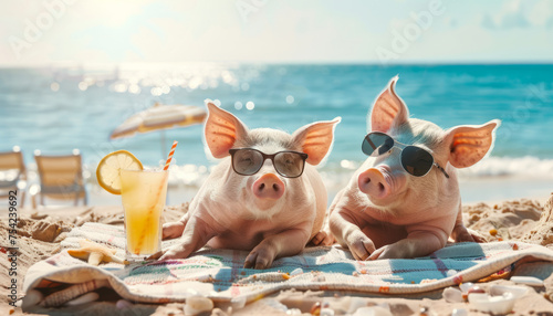 a couple of pigs in love relax on the sea resort beach and drink a cocktail.