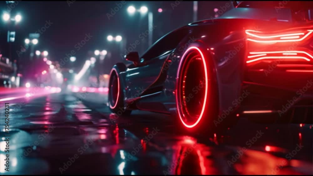 A futuristic sports car and racing cars accelerates on a neon highway with colorful light trails A futuristic sports car and racing cars accelerates on a neon highway with colorful light trails