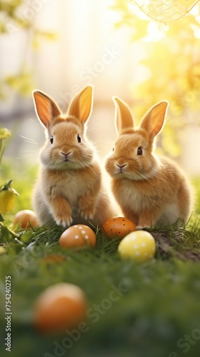 Cute Easter bunnies are sitting in the grass with colored eggs. Photo
