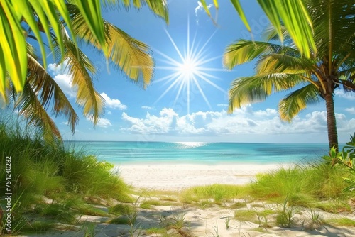 Sun in blue sky and palm trees gateway to white sand beach. generative ai. © SEUNGJIN