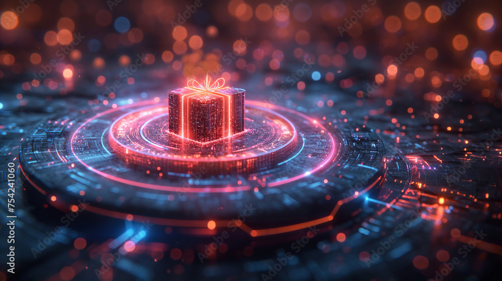 The magic gift box in digital neon circle. digital gift box concept. The magic gift box in digital neon circle. digital gift box concept.