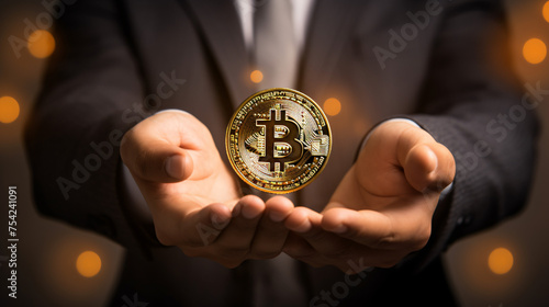 Businessman hold bitcoin crypto currency conceptual