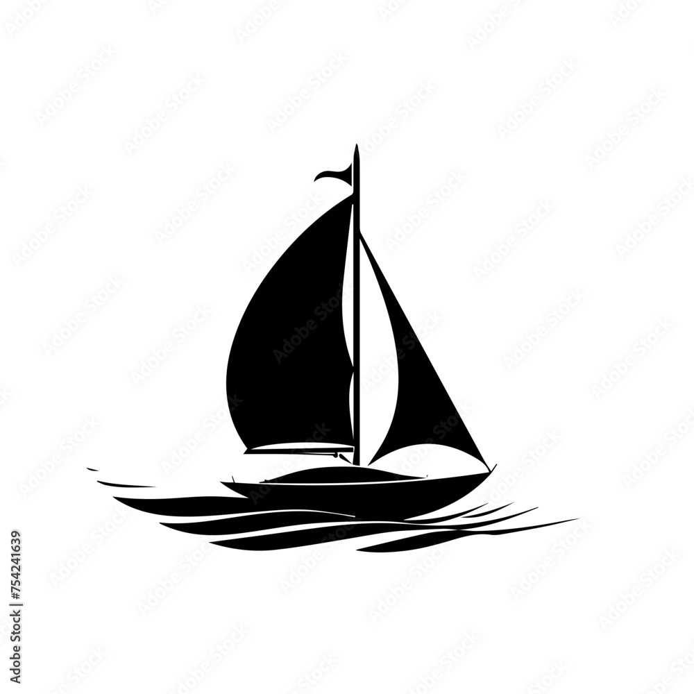 Minimalist logo of a sailing boat, simple black and white vector on white background