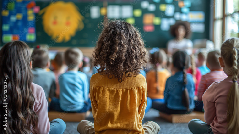 Rear view of children sitting on floor and looking at female teacher in class room in kindergarten or preschool. Generative AI Rear view of children sitting on floor and looking at female teacher in class room in kindergarten or preschool. Generative AI