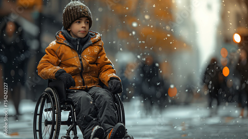 Close up photo of confused cerebral palsy boy sitting in the wheelchair at crowded city street under the snowfall. 
 photo