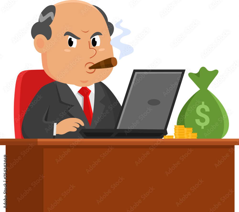 Business Boss Man Cartoon Character Sitting On The Deck With A Laptop And Money Bag. Vector Illustration Flat Design Isolated On Transparent Background Business Boss Man Cartoon Character Sitting On The Deck With A Laptop And Money Bag. Vector Illustration Flat Design Isolated On Transparent Background
