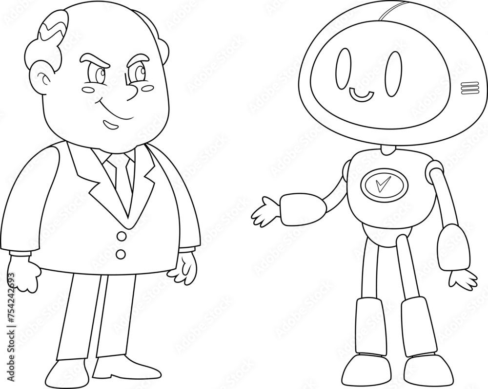 Outlined Smiling Business Boss Man Cartoon Character And AI Robot. Vector Hand Drawn Illustration Isolated On Transparent Background Outlined Smiling Business Boss Man Cartoon Character And AI Robot. Vector Hand Drawn Illustration Isolated On Transparent Background