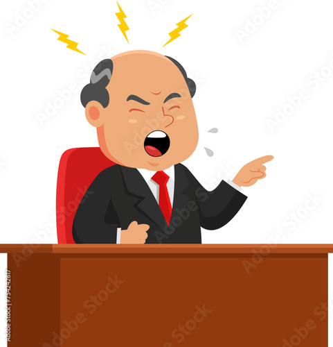 Angry Business Boss Man Cartoon Character Sitting On The Desk And Pointing With Finger. Vector Illustration Flat Design Isolated On Transparent Background
