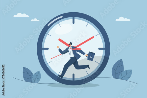 Business time management planning, Time rush in work or schedule an appointment, Quick response time work, Businessman runs fast according to clock time. Vector design illustration.