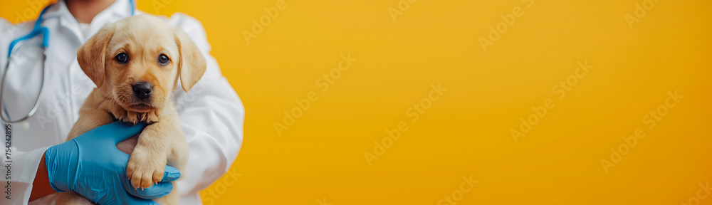A veterinarian in a medical gown and mask holds a cute little white Labrador puppy on an orange background. The concept of caring for and caring for pets. Banner, place for text - obrazy, fototapety, plakaty 